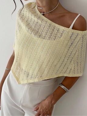 Chic Nation Pale Yellow Sheer Knit Asymmetric Crop Top